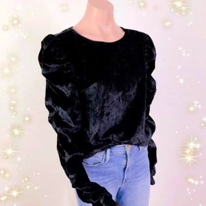 Marc New York Crushed Black Velvet Ruched Puff Sleeve Blouse